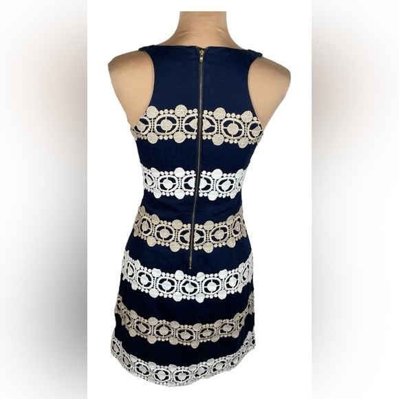 Lilly Pulitzer Navy White Gold Augusta Shift Blue with Lace Trim Cocktail Dress - Picture 7 of 14